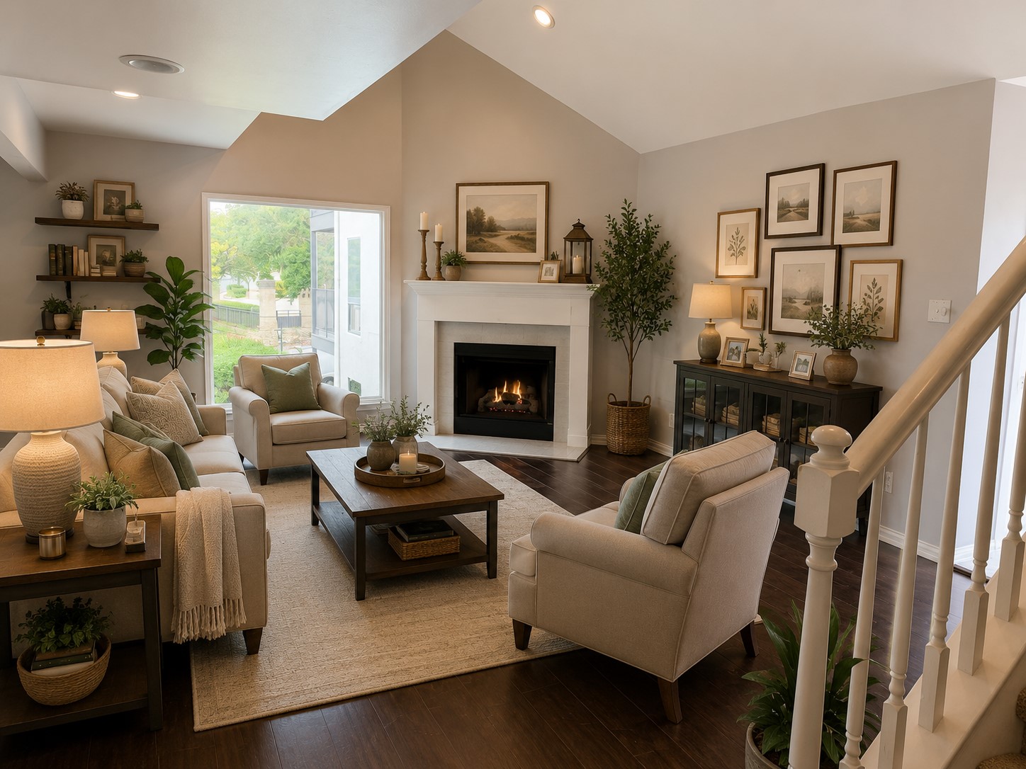 2918 Ranch Road 620 North, Unit C120 Austin, TX 78734 - Photo 7 of 34 Ai Virtual Staging: An inviting family room showcasing a cozy fireplace, tall ceilings, and rich hardwood flooring.