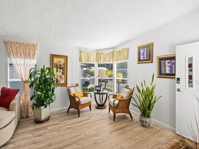 a living room with furniture a potted plant and a table