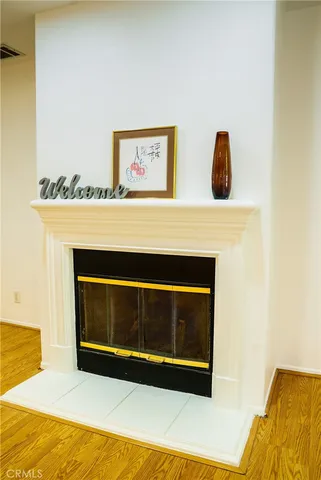 a living room with a fireplace