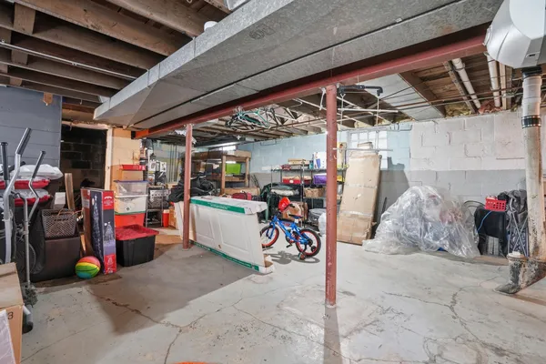a view of a storage room with gym equipment