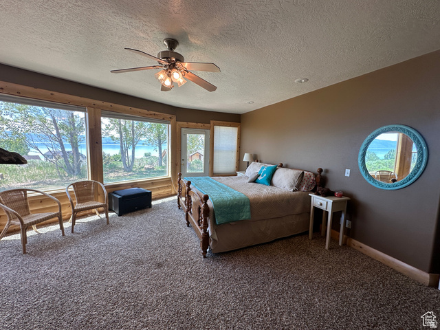 1940 East Shore Road St. Charles, ID 83272 - Photo 29 of 64 Carpeted bedroom with access to exterior, a textured ceiling, and ceiling fan