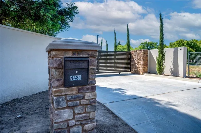 a view of a backyard with large trees