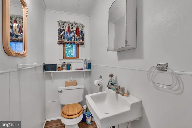 a bathroom with a sink mirror and toilet