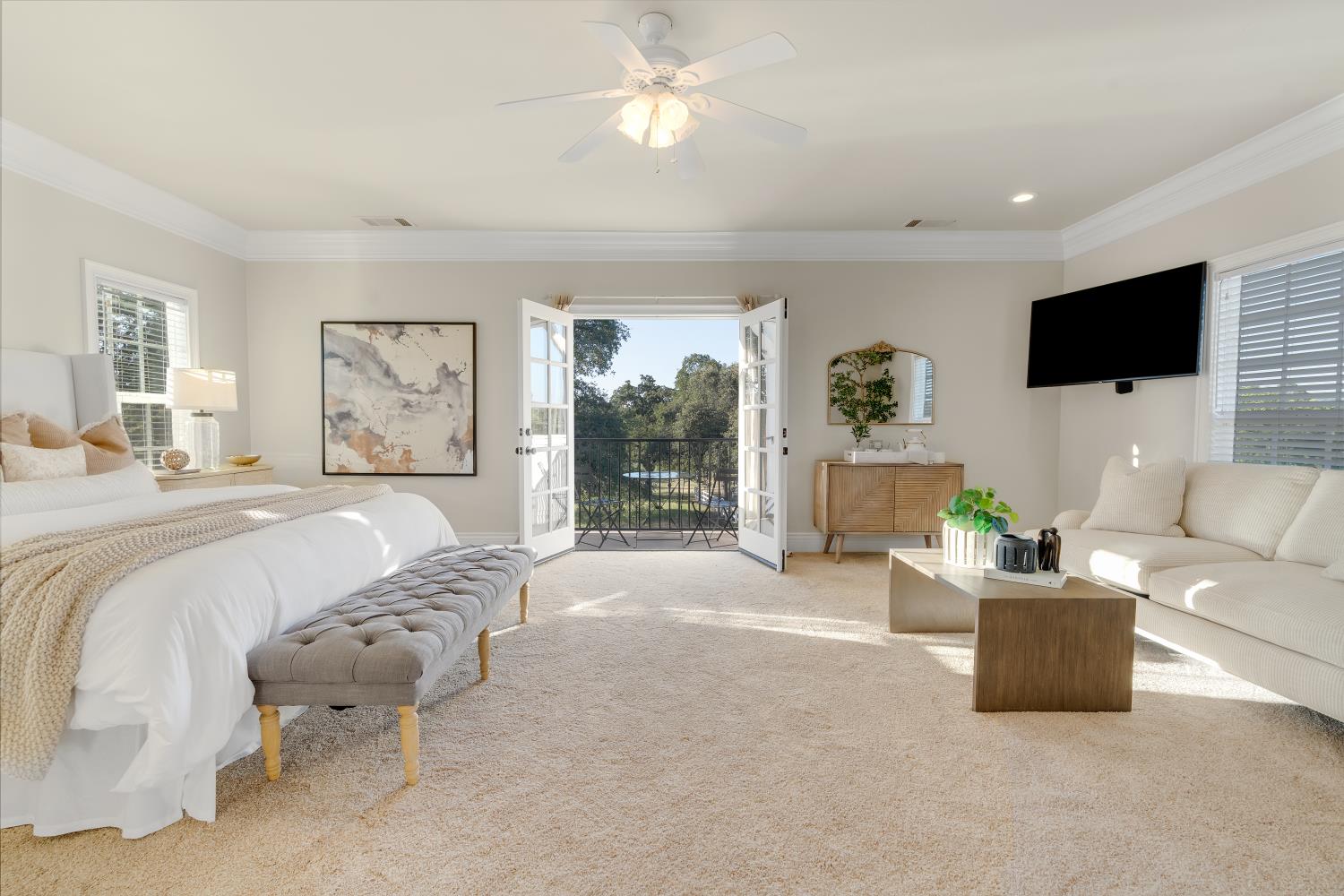 2905 Virginiatown Road Lincoln, CA 95648 - Photo 21 of 86 Carpeted interior space featuring French doors opening to an outdoor balcony with metal railing, crown molding, and recessed lighting