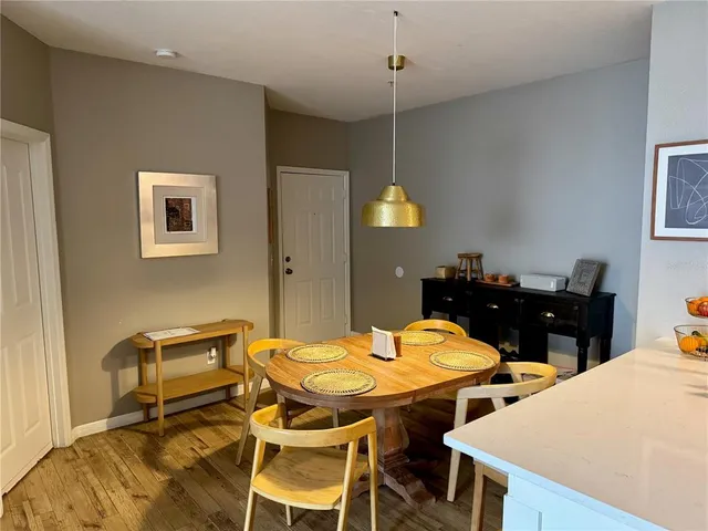 a view of a dining table and chairs