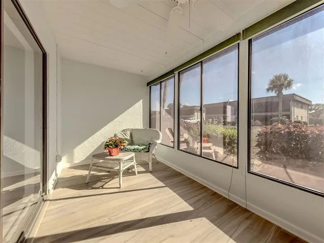 a building outdoor space with seating area