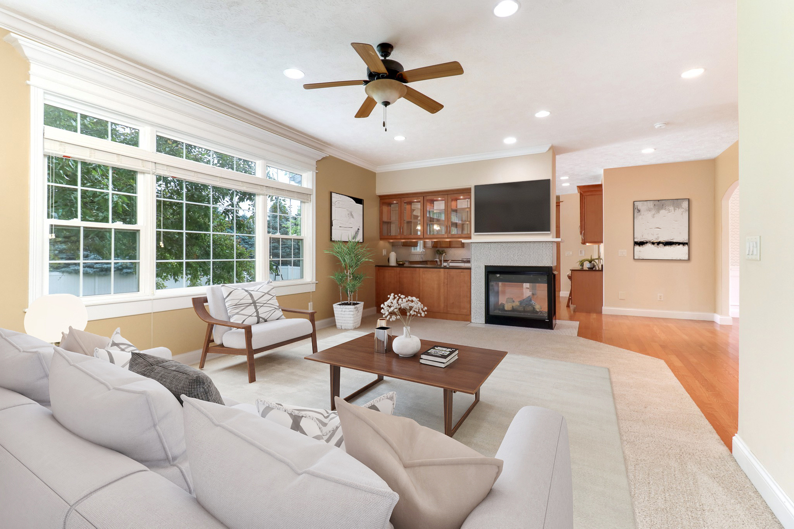 69 Brookstone Circle Bloomington, IL 61704 - Photo 11 of 63 a living room with furniture a fireplace and a floor to ceiling window