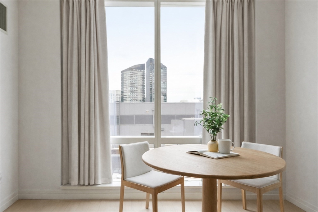1 Franklin Street, Unit 1602 Boston, MA 02110 - Photo 2 of 14 a view of a dining room with furniture window and wooden floor