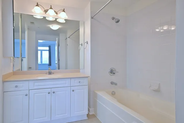 a bathroom with a bathtub a sink and a mirror