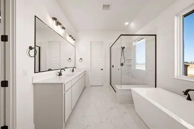 a bathroom with a double vanity sink mirror and shower