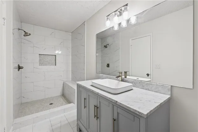 a bathroom with a granite countertop sink a mirror and shower