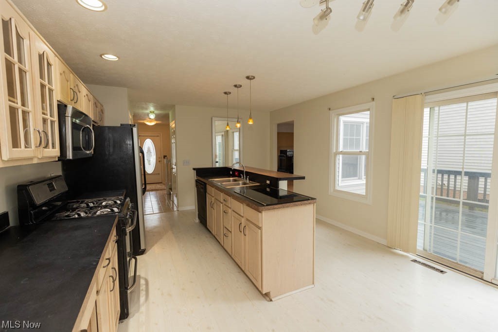 4376 Archer Road Cleveland, OH 44105 - Photo 12 of 30 Kitchen with sink, a center island with sink, cream cabinets, pendant lighting, and black appliances