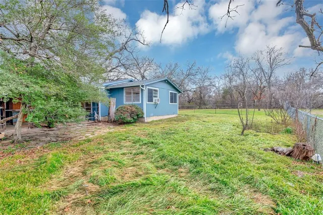 a view of a yard with plants and trees