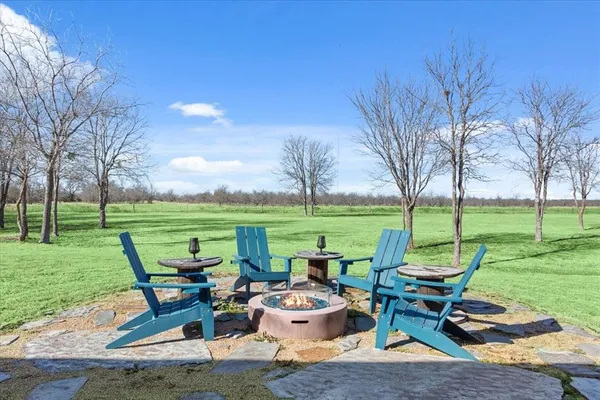 a view of a backyard with sitting area