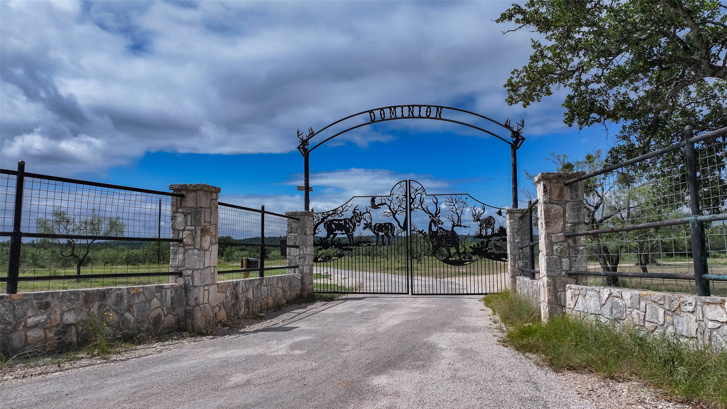 5 Dominion At Oak Ridge Junction, TX 76849 - Photo 20 of 34 Stone pillar entrance with wrought iron gate featuring decorative animal silhouettes