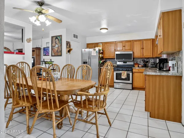 a view of a dining room with furniture
