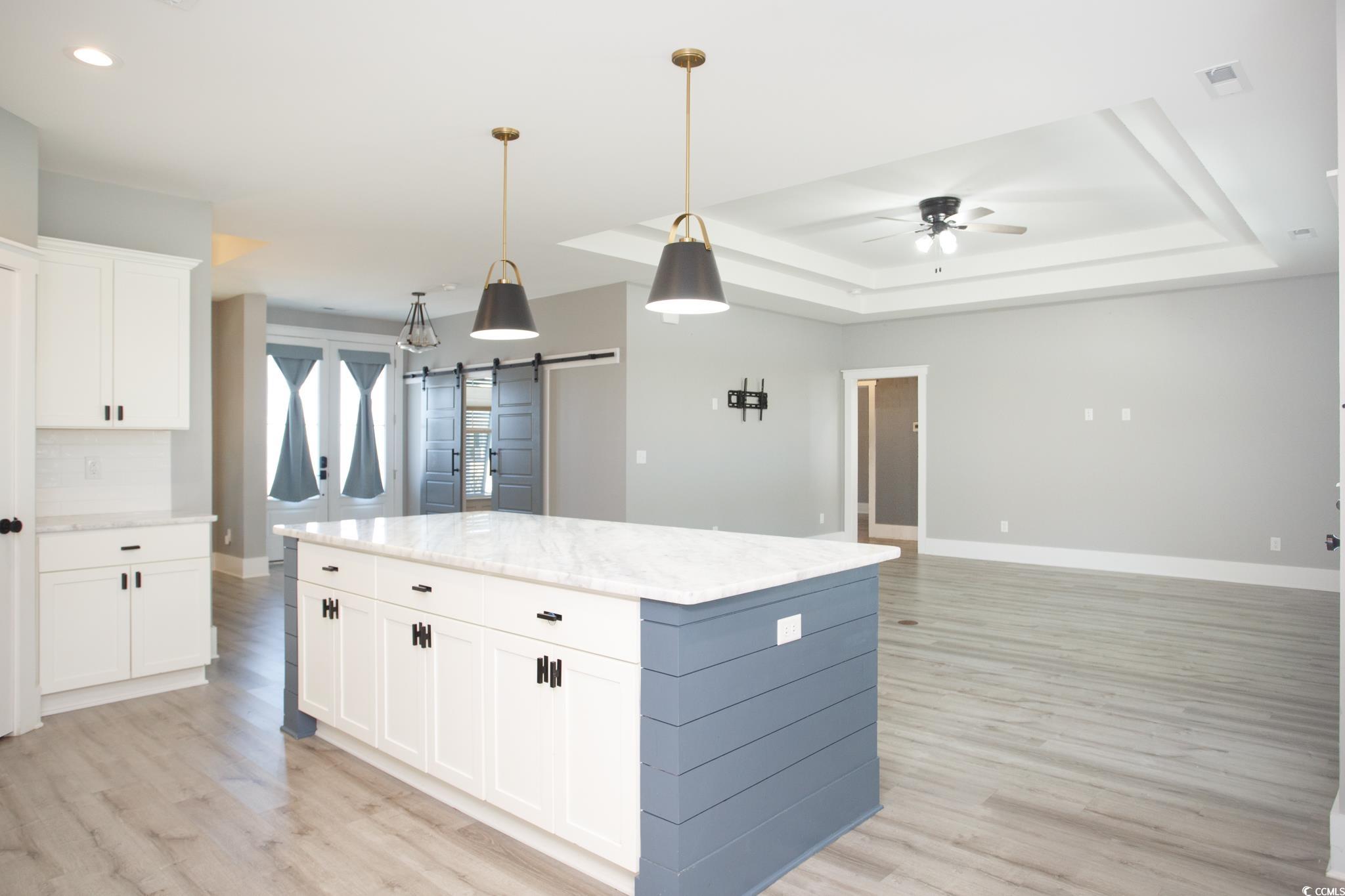 261 Marsh Tacky Loop Myrtle Beach, SC 29588 - Photo 10 of 40 Kitchen with white cabinetry, decorative light fixtures, a tray ceiling, a kitchen island, and a barn door