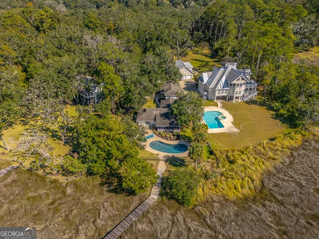 an aerial view of a house with swimming pool and large trees
