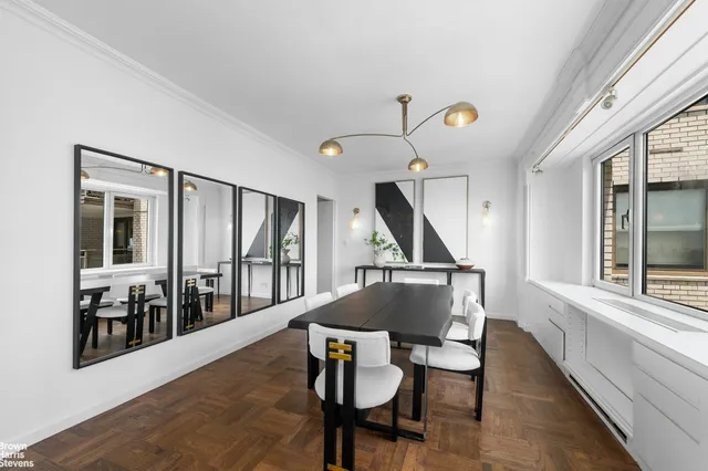 a view of a dining room with furniture and a potted plants