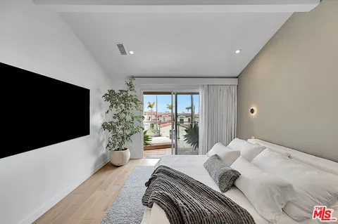 a bedroom with a potted plant on a bed and a flat screen tv
