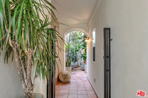 a view of a path with potted plants