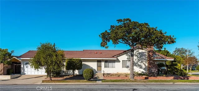 a front view of a house with a tree