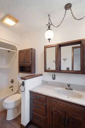 a bathroom with a toilet a sink and mirror