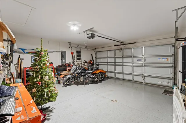 a view of a garage with storage