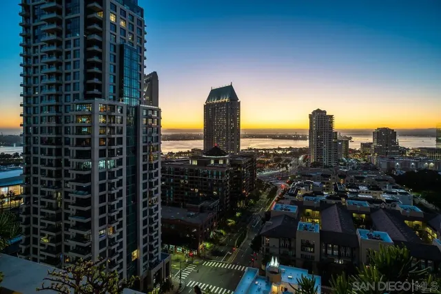 a city view with tall buildings
