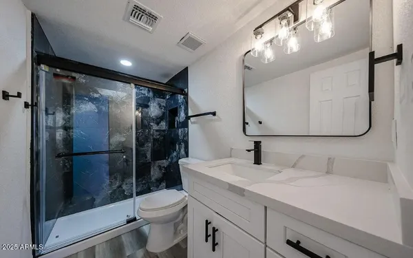 a bathroom with a granite countertop sink toilet and shower