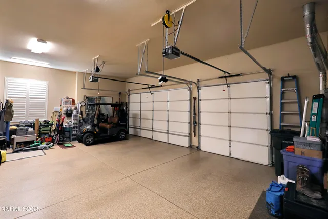 a view of a garage with storage