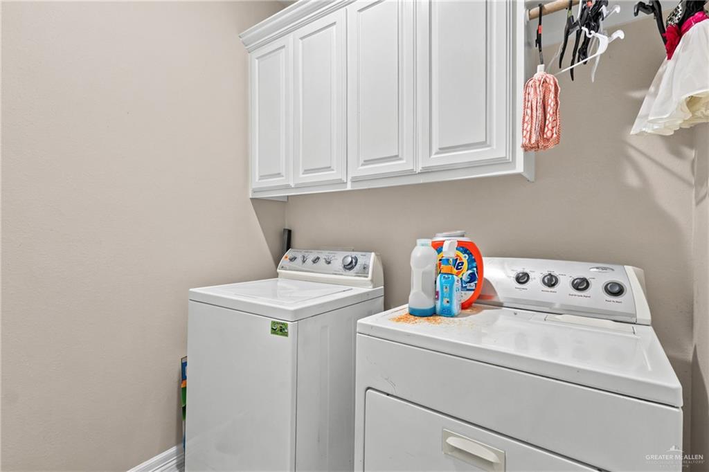 1904 Ridgeway Circle Edinburg, TX 78542 - Photo 24 of 32 Laundry area featuring white shaker-style cabinetry, overhead shelving, and neutral wall paint