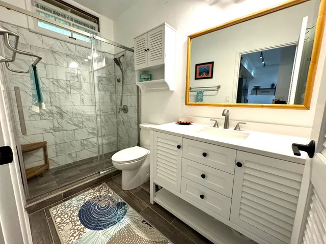 a bathroom with a sink a toilet and a mirror