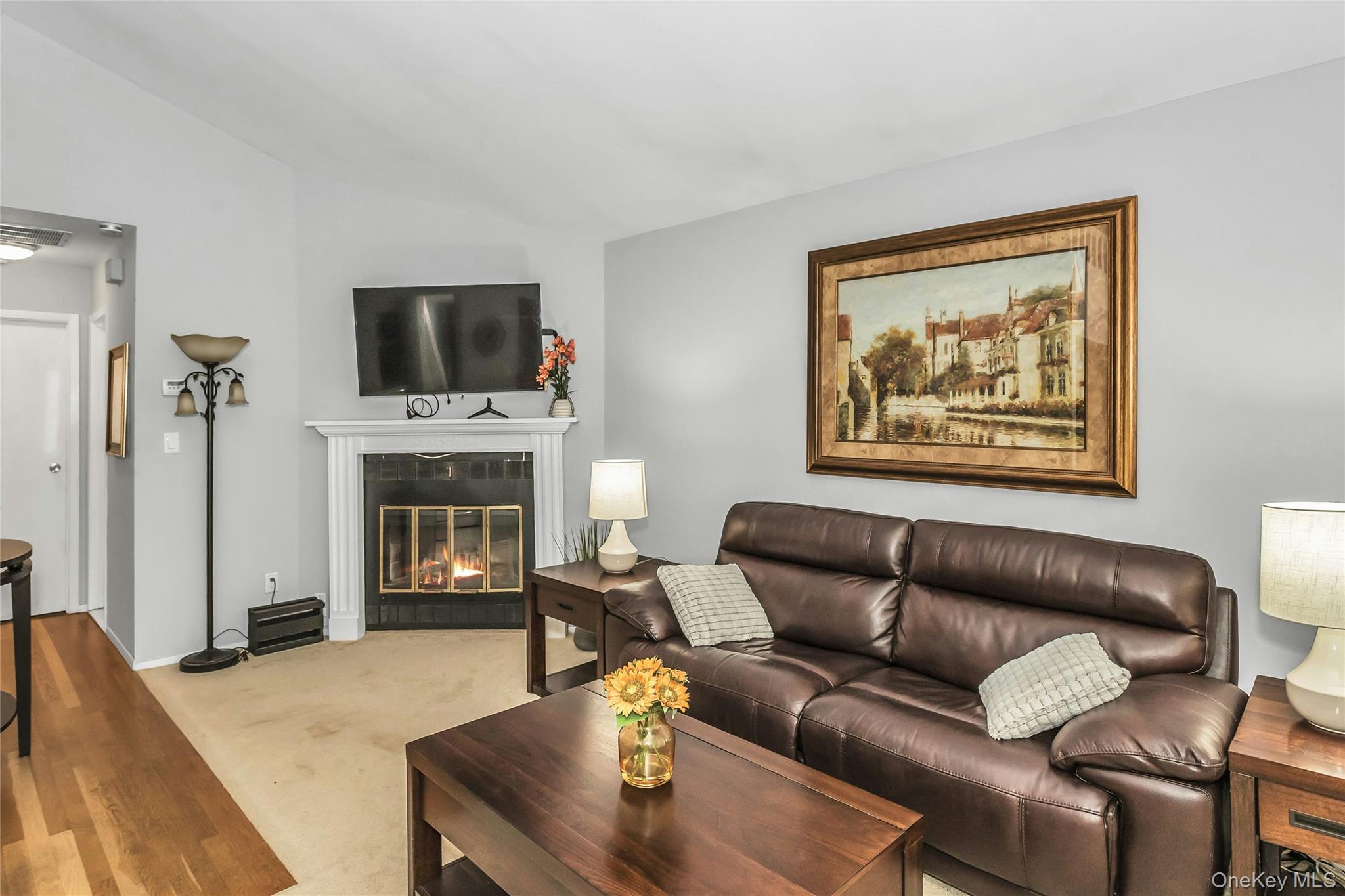 650 Newbridge Road, Unit 9 East Meadow, NY 11554 - Photo 2 of 9 a living room with furniture a fireplace and a flat screen tv