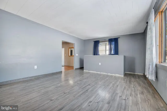 a view of a hallway with wooden floor and a cabinet