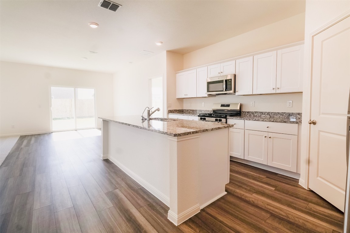 1524 Morris Loop San Marcos, TX 78666 - Photo 18 of 25 a kitchen with stainless steel appliances granite countertop a sink dishwasher a stove and white cabinets with wooden floor