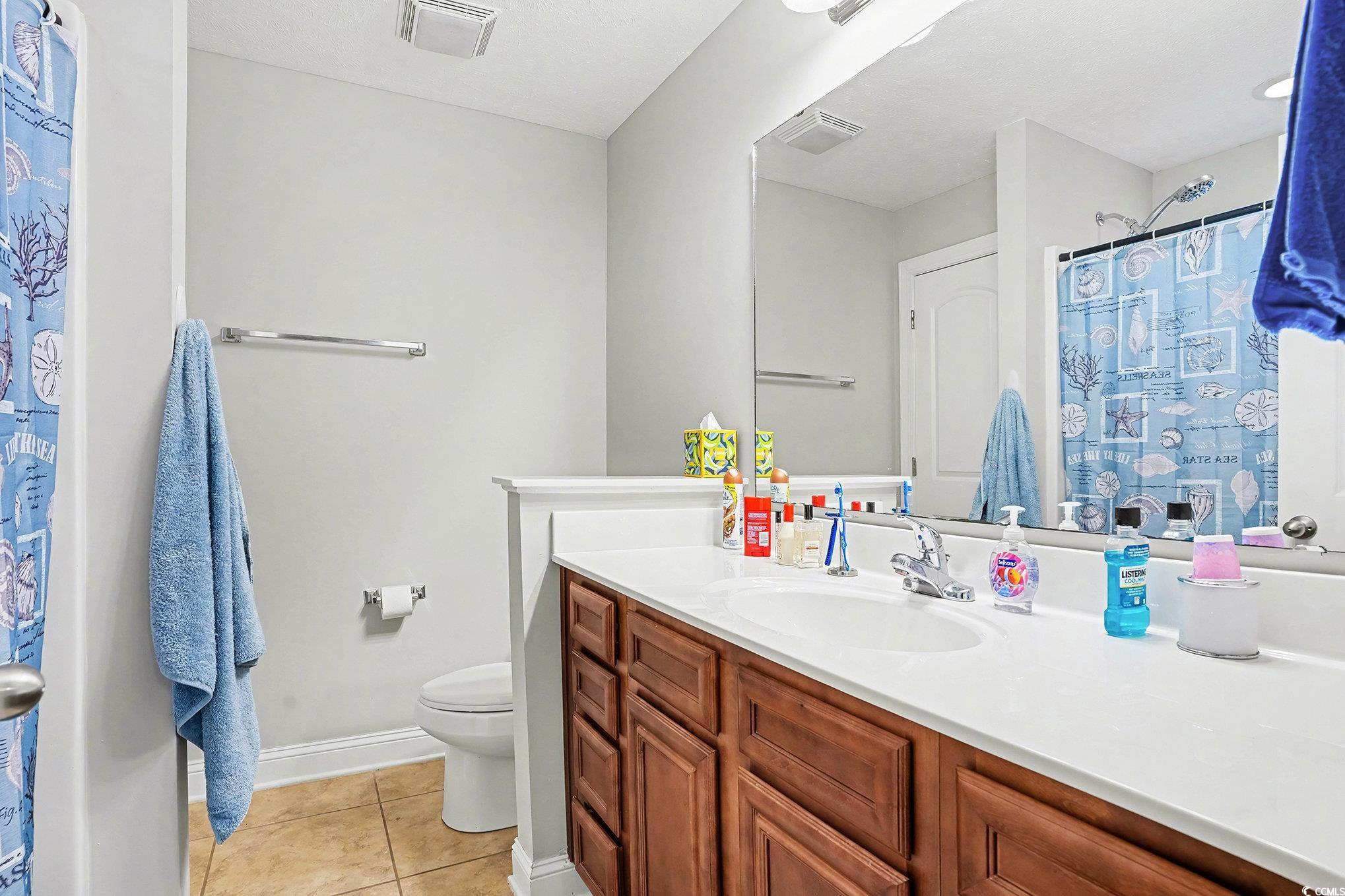 216 Camrose Way Myrtle Beach, SC 29588 - Photo 18 of 32 Full bathroom featuring curtained shower, vanity, and light tile patterned floors