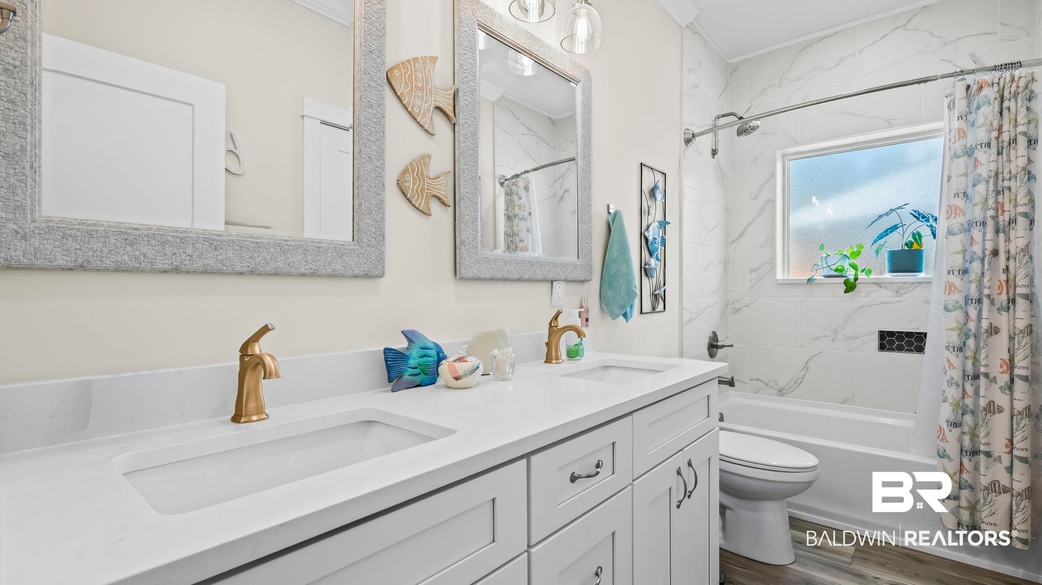 8013 Carmel Circle Foley, AL 36535 - Photo 21 of 49 Full bath featuring double vanity, shower / tub combo with curtain, dark wood-style floors, and crown molding