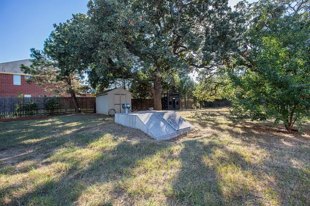 a view of a backyard with large trees