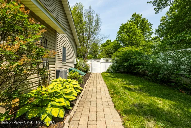 a view of a backyard with plants and large tree