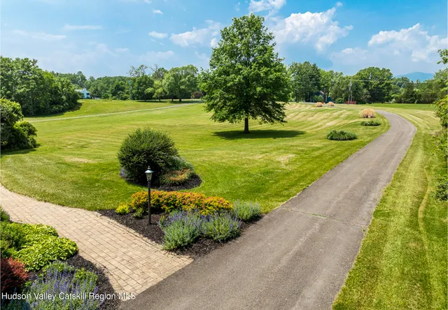 a view of a garden with a swimming pool