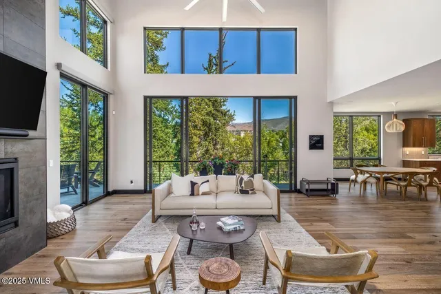 a living room with furniture a fireplace and a floor to ceiling window
