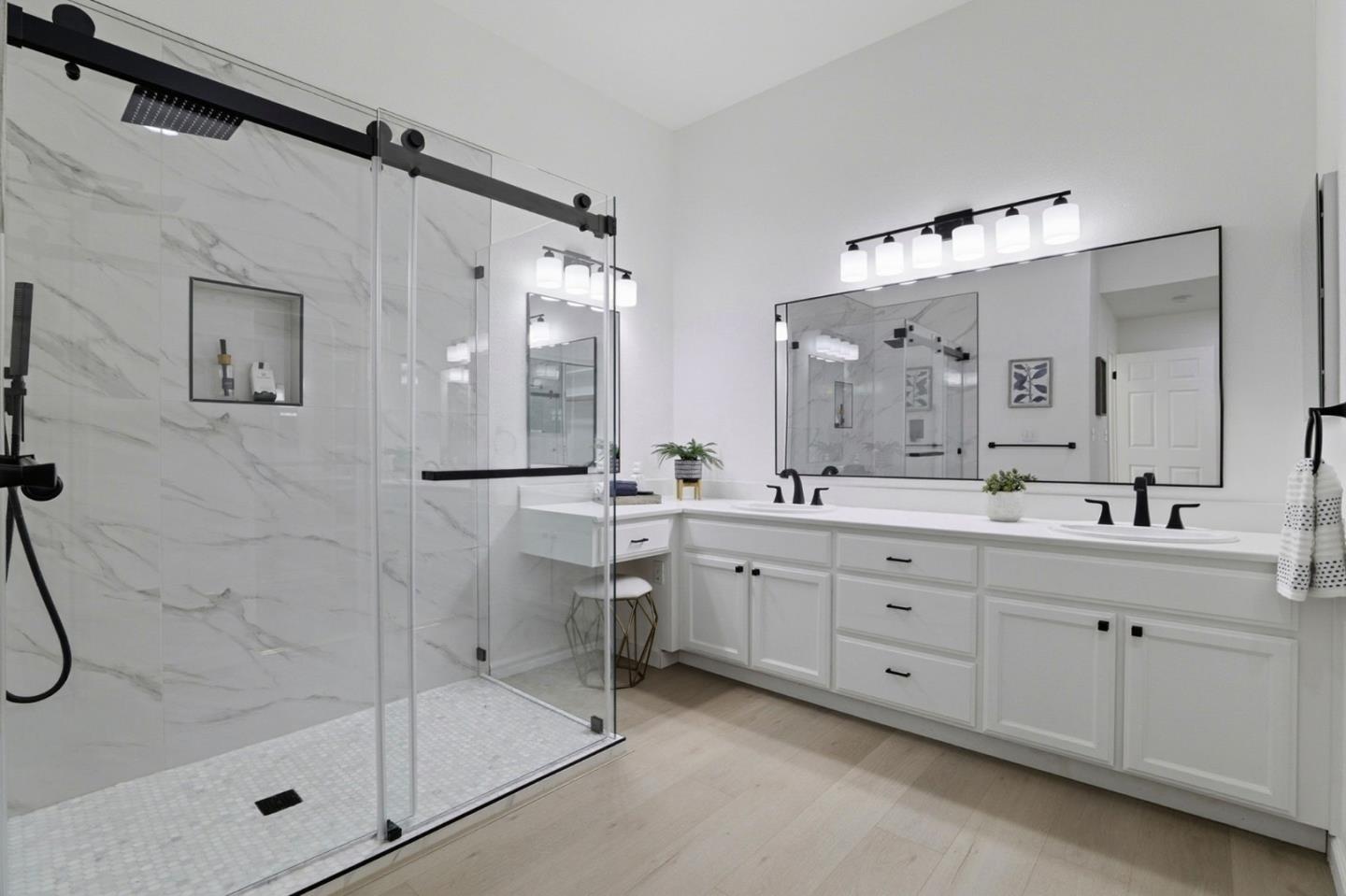 8611 Vineyard Ridge Place San Jose, CA 95135 - Photo 17 of 49 a spacious bathroom with a granite countertop sink mirror and shower