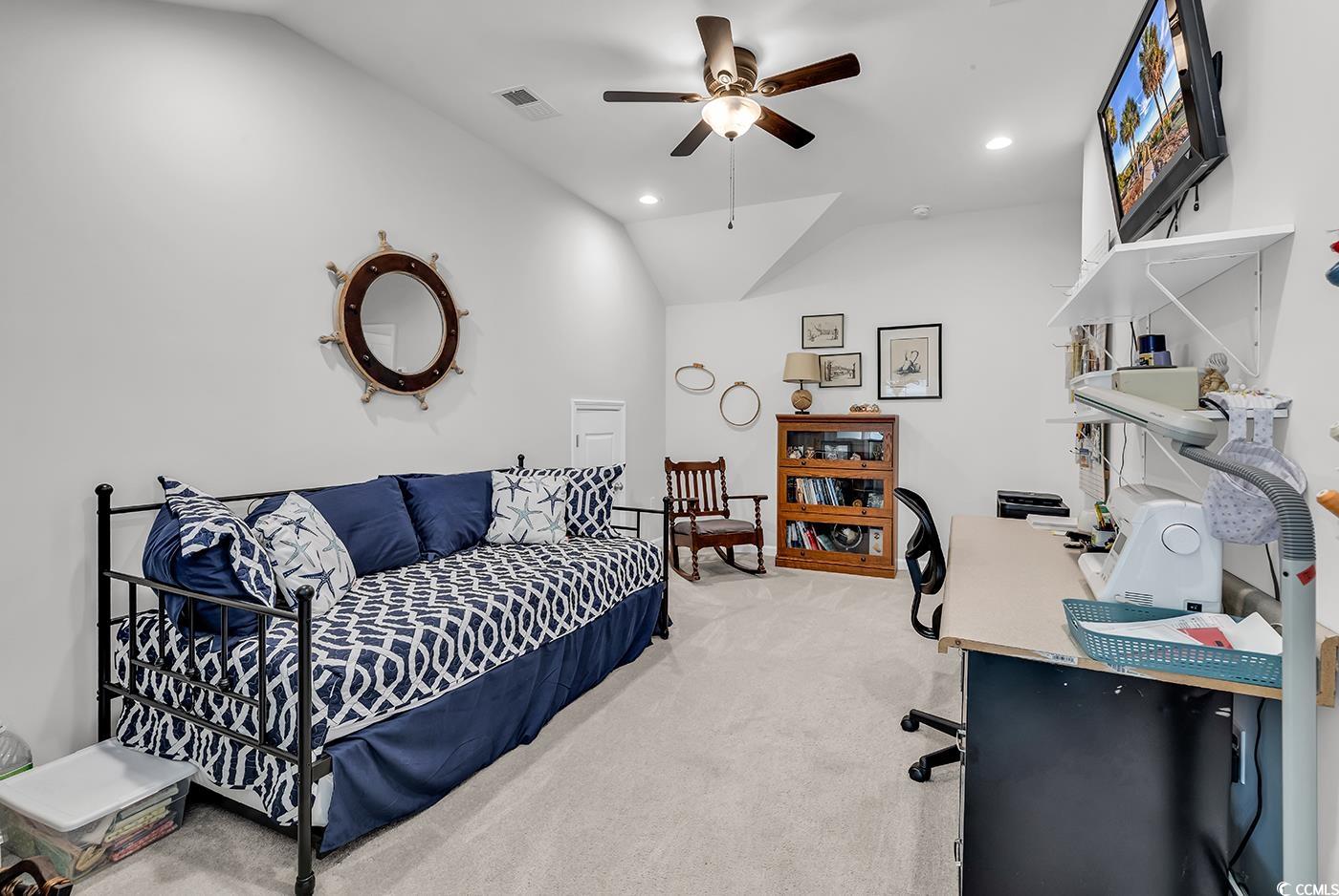 6024 Curran Street Murrells Inlet, SC 29576 - Photo 19 of 34 Office area featuring vaulted ceiling, light colored carpet, recessed lighting, and ceiling fan