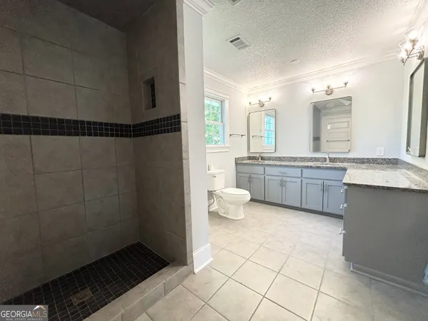 a bathroom with a granite countertop sink a toilet and a bathtub