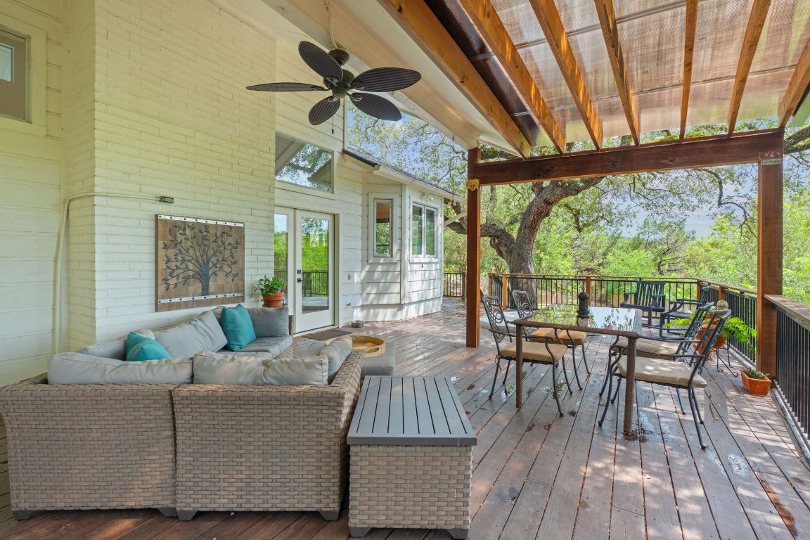 6302 Gato Path Austin, TX 78731 - Photo 31 of 37 Deck featuring an outdoor living space, french doors, outdoor dining area, and ceiling fan