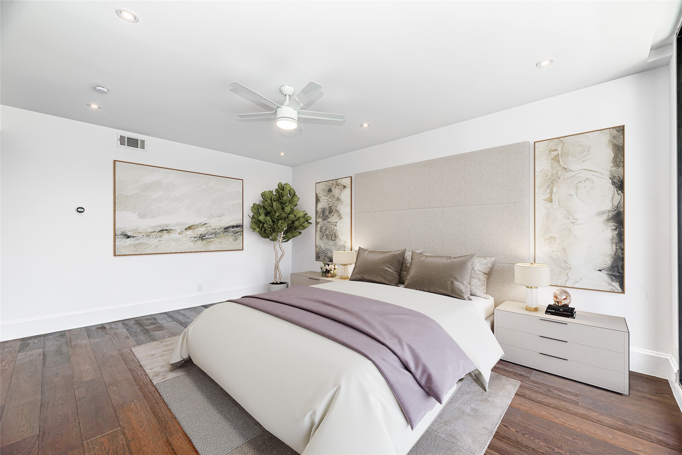 1701 Hermann Drive, Unit 34L Houston, TX 77004 - Photo 12 of 37 The nine foot ceilings, crisp white walls and LED lighting provide the perfect backdrop for this enveloping and private primary suite. Virtually staged photo.