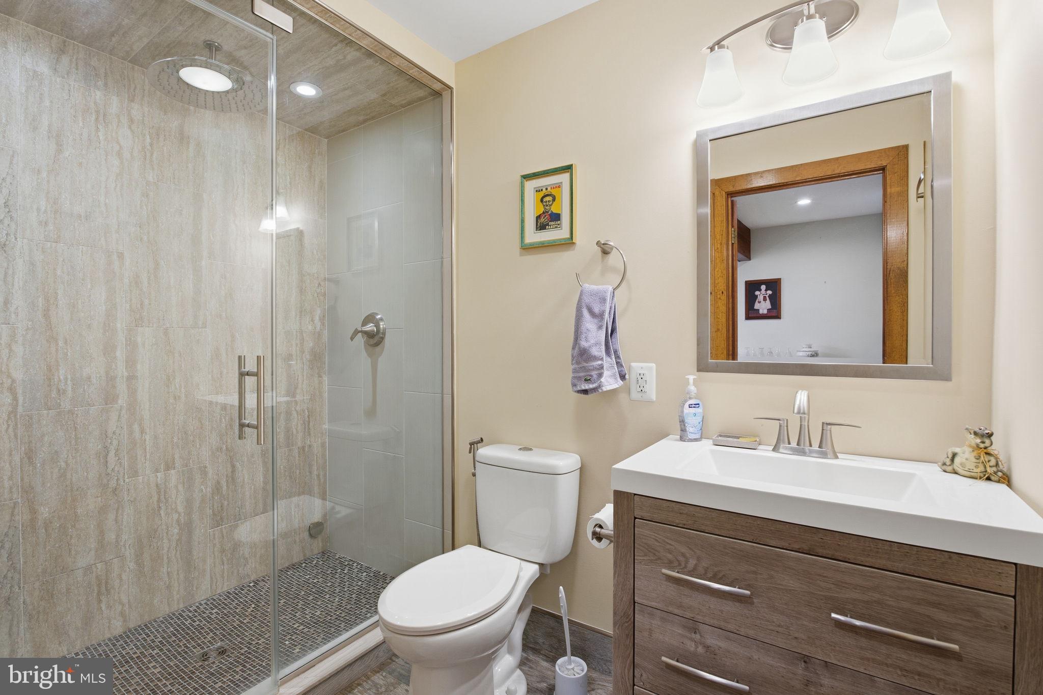 21627 Gunpowder Road Manchester, MD 21102 - Photo 18 of 32 a bathroom with a toilet a sink a shower and a mirror