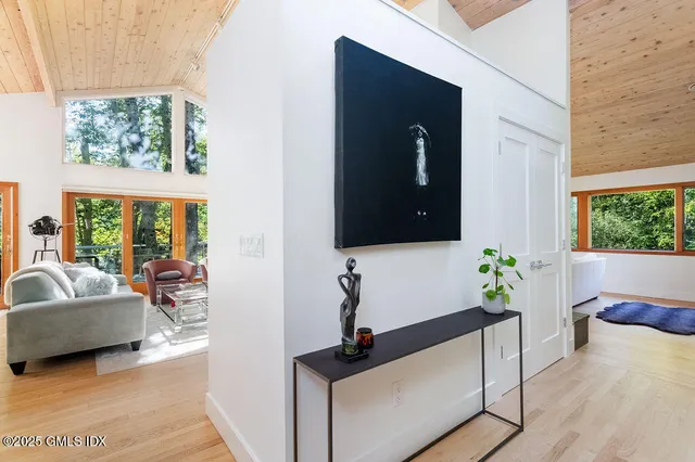 a living room with furniture and a potted plant