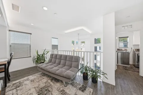 a living room with furniture potted plant and a wooden floor